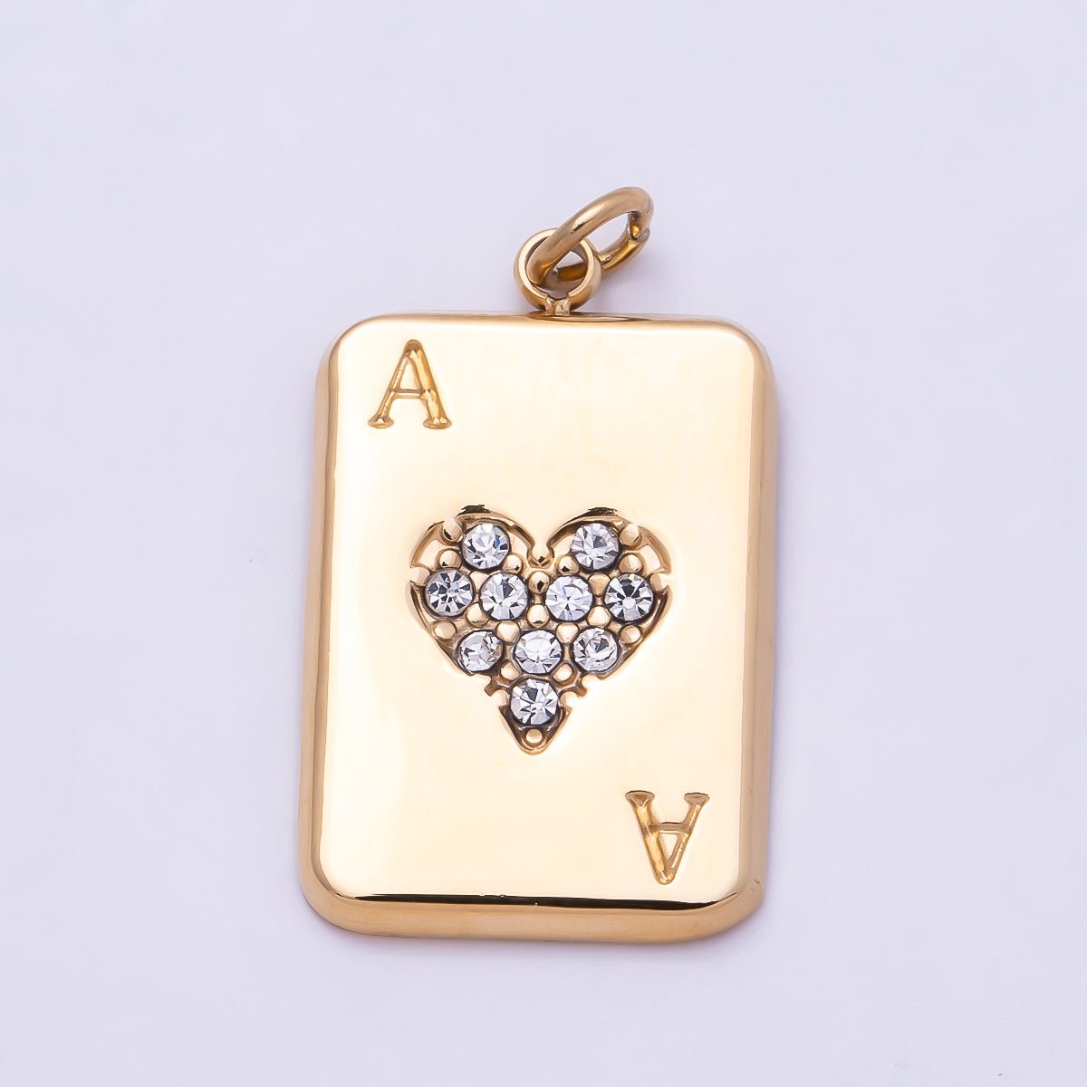 PVD Gold Stainless Steel 20mm Micro Paved CZ Ace of Heart Card Game Charm | Charms-01028