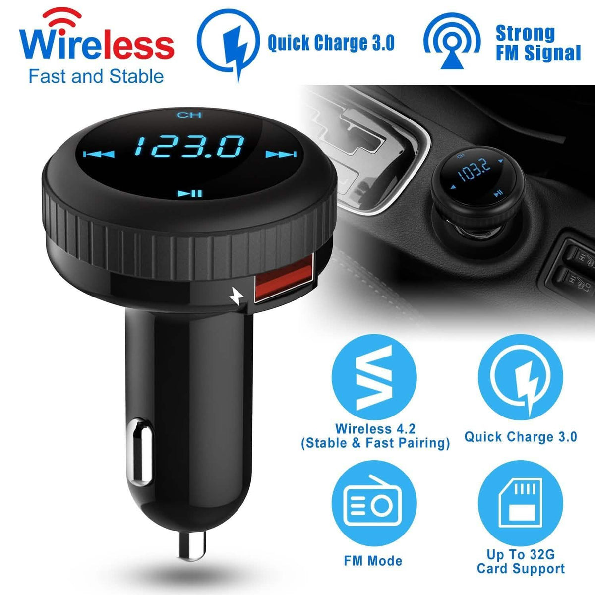 Quick Charge 3.0 Car Charger Wireless 4.2 FM Transmitter 23W 3A Dual USB