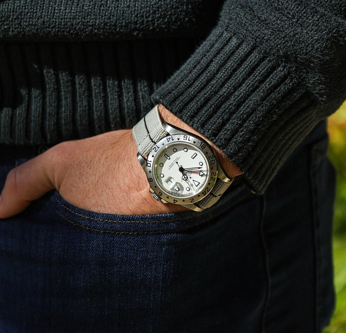 Grey with Black Stripe Elastic Watch Strap 20mm