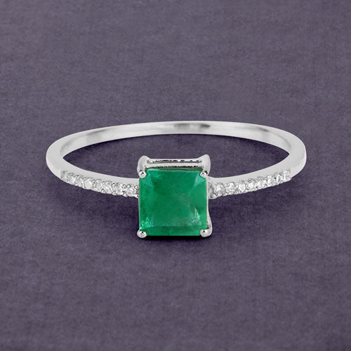 0.64 Carat Genuine Zambian Emerald and White Diamond 14K White Gold Ring