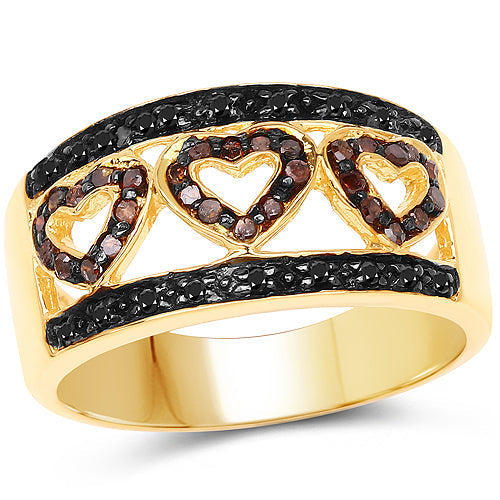 14K Yellow Gold Plated 0.32 Carat Genuine Black Diamond and Red Diamond .925 Sterling Silver Ring