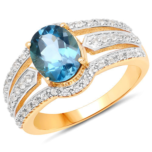 14K Yellow Gold Plated 2.30 Carat Genuine London Blue Topaz and White Topaz .925 Sterling Silver Ring