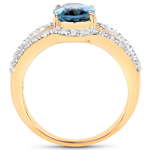 14K Yellow Gold Plated 2.30 Carat Genuine London Blue Topaz and White Topaz .925 Sterling Silver Ring