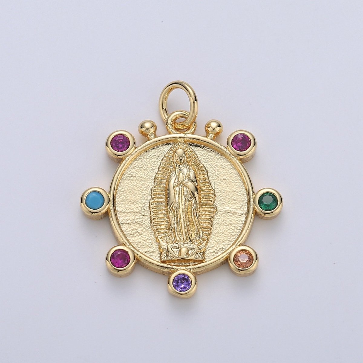 Rainbow 24K Gold Filled CZ Virgin Mary Pendant, Lady Guadalupe Round Disc Charm Mary Medallion, Rosary Charm Religious Jewelry D-685