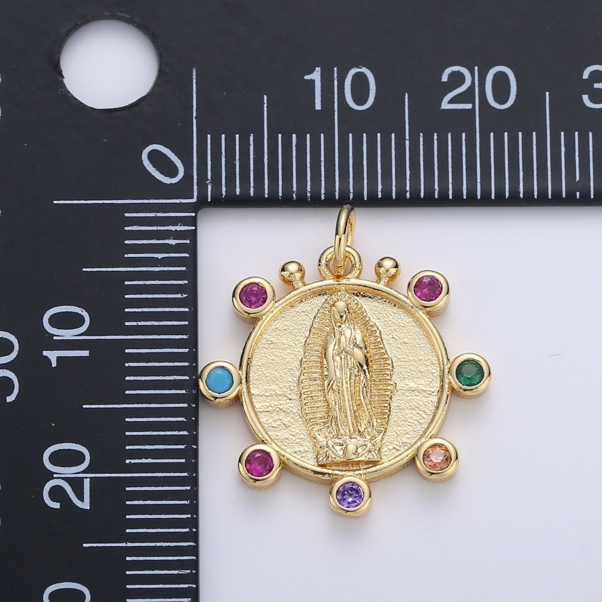 Rainbow 24K Gold Filled CZ Virgin Mary Pendant, Lady Guadalupe Round Disc Charm Mary Medallion, Rosary Charm Religious Jewelry D-685