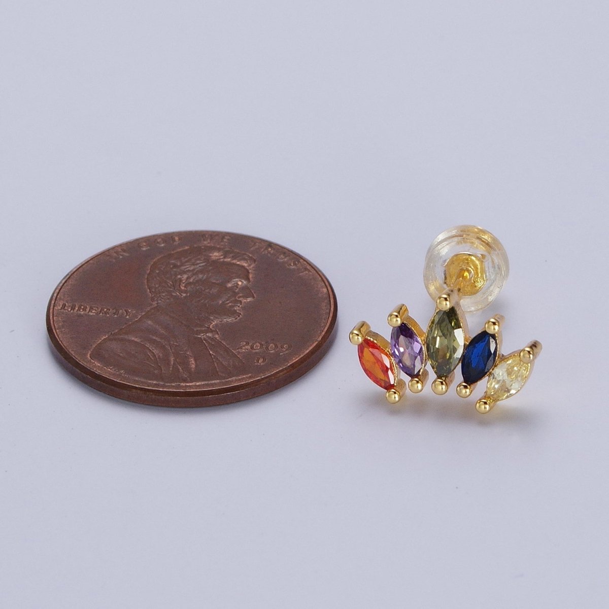 Rainbow Multicolor Marquise CZ Fan Lined Gold Stud Earrings | AD-564