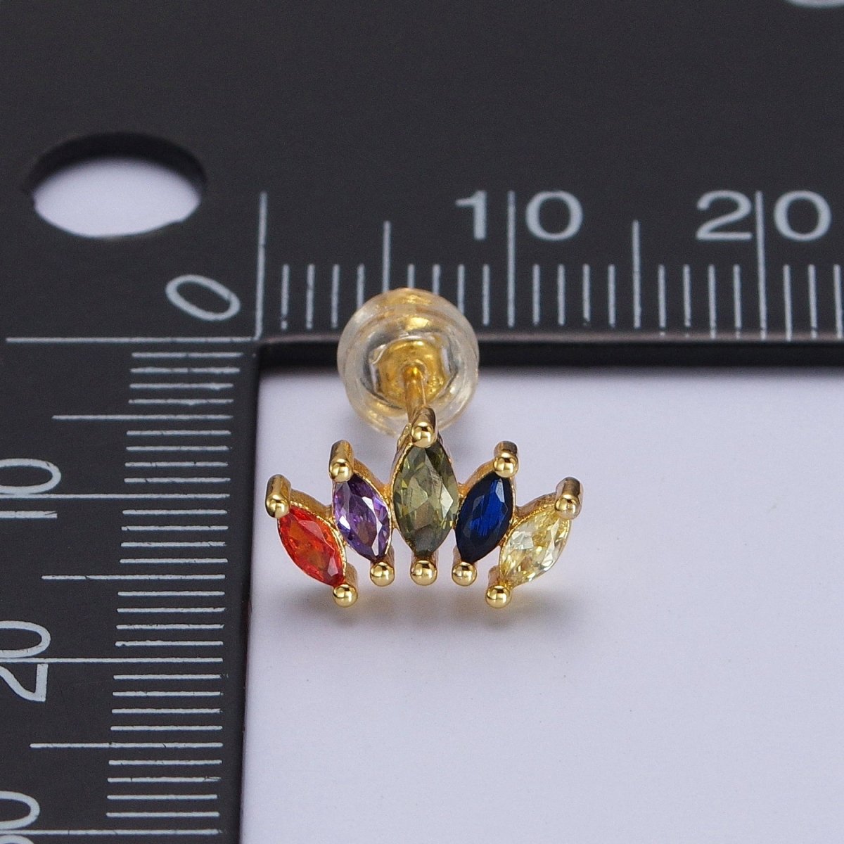 Rainbow Multicolor Marquise CZ Fan Lined Gold Stud Earrings | AD-564