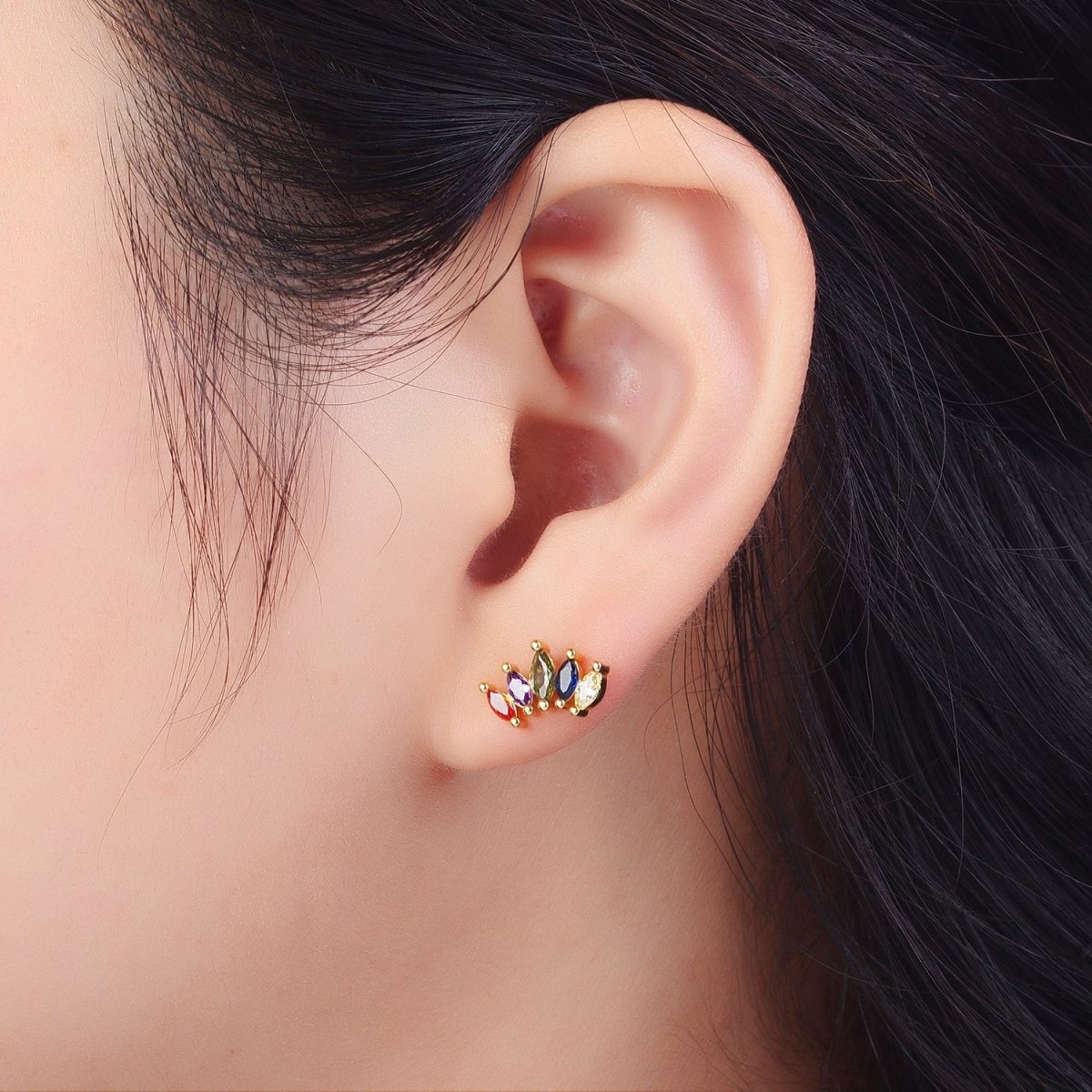 Rainbow Multicolor Marquise CZ Fan Lined Gold Stud Earrings | AD-564
