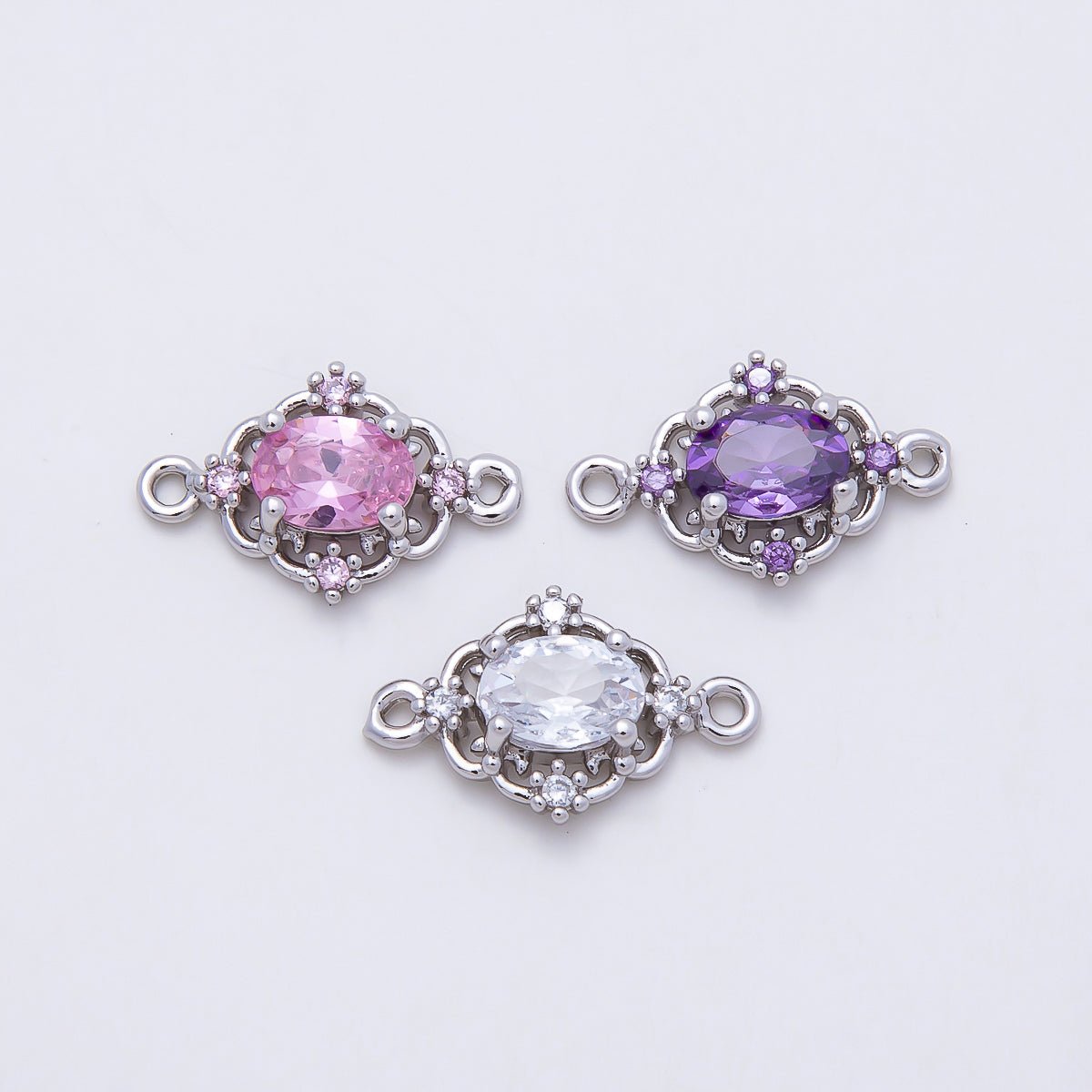 Rhodium Plated 17mm Clear, Pink, Purple CZ Artisan Connector | Connectors-00021 - Connectors-00023