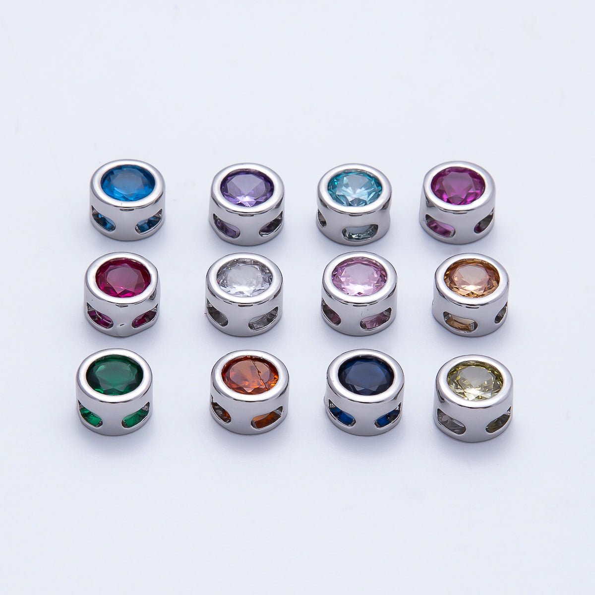 Rhodium Plated 8mm Round Bezel Birthstone Spacer Bead Set | Beads-00290 ~ Beads-00301