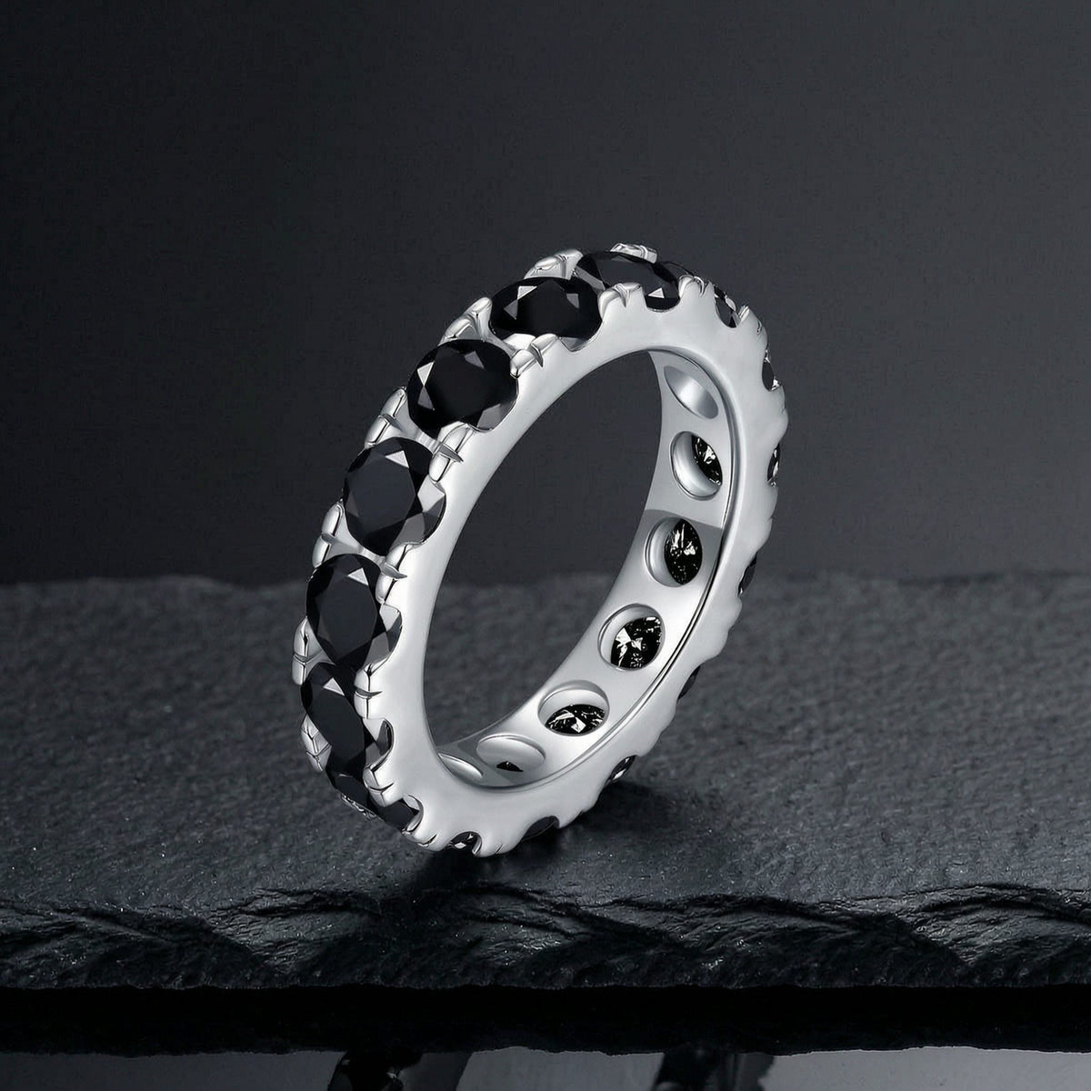 Black D-Color VVS1 Moissanite Stack Engagement Ring in White Gold-Plated Sterling Silver – Modern Hip Hop Jewelry for Men & Women