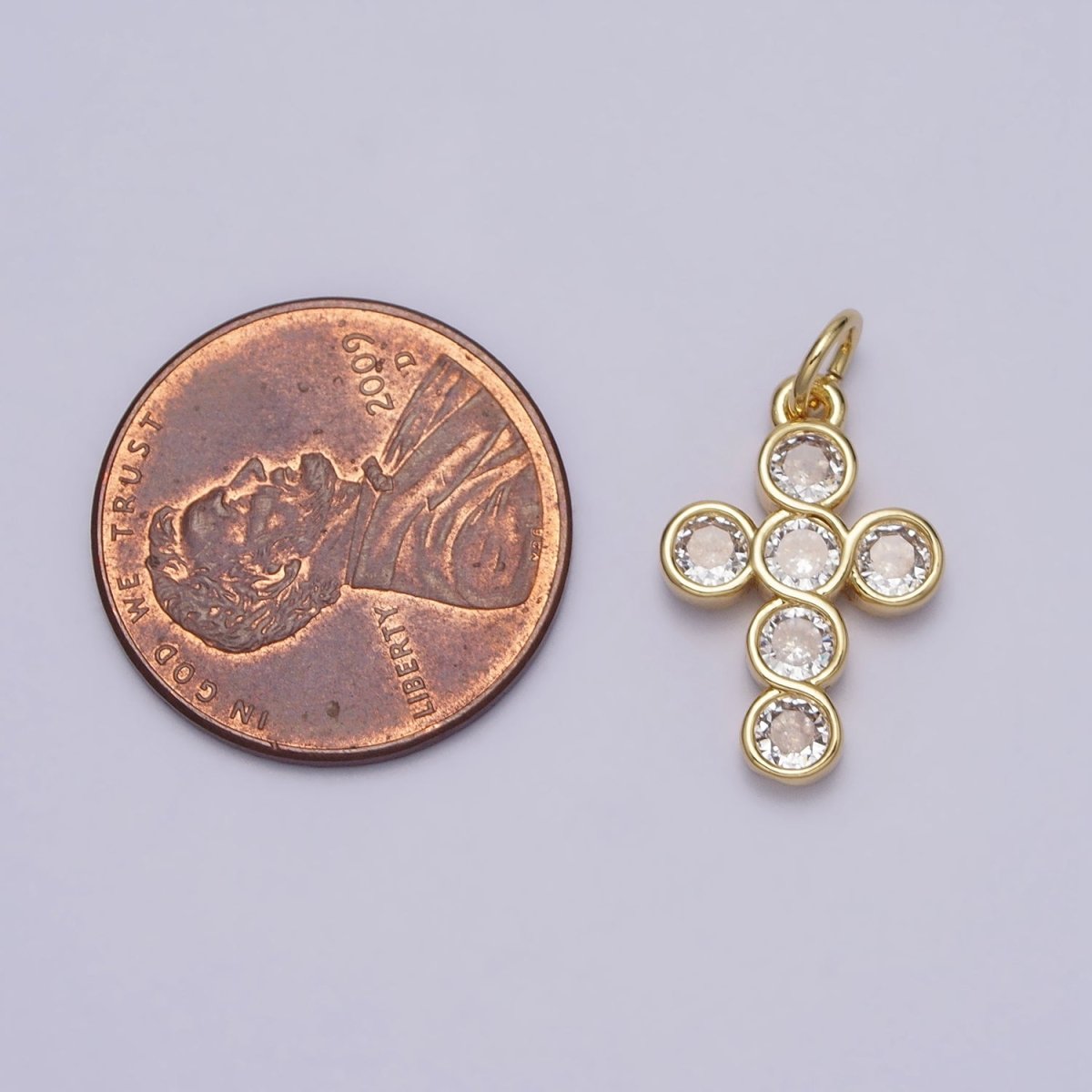 Round Clear CZ Bezant Cross Gold Religious Christian Gold Charm | AC240
