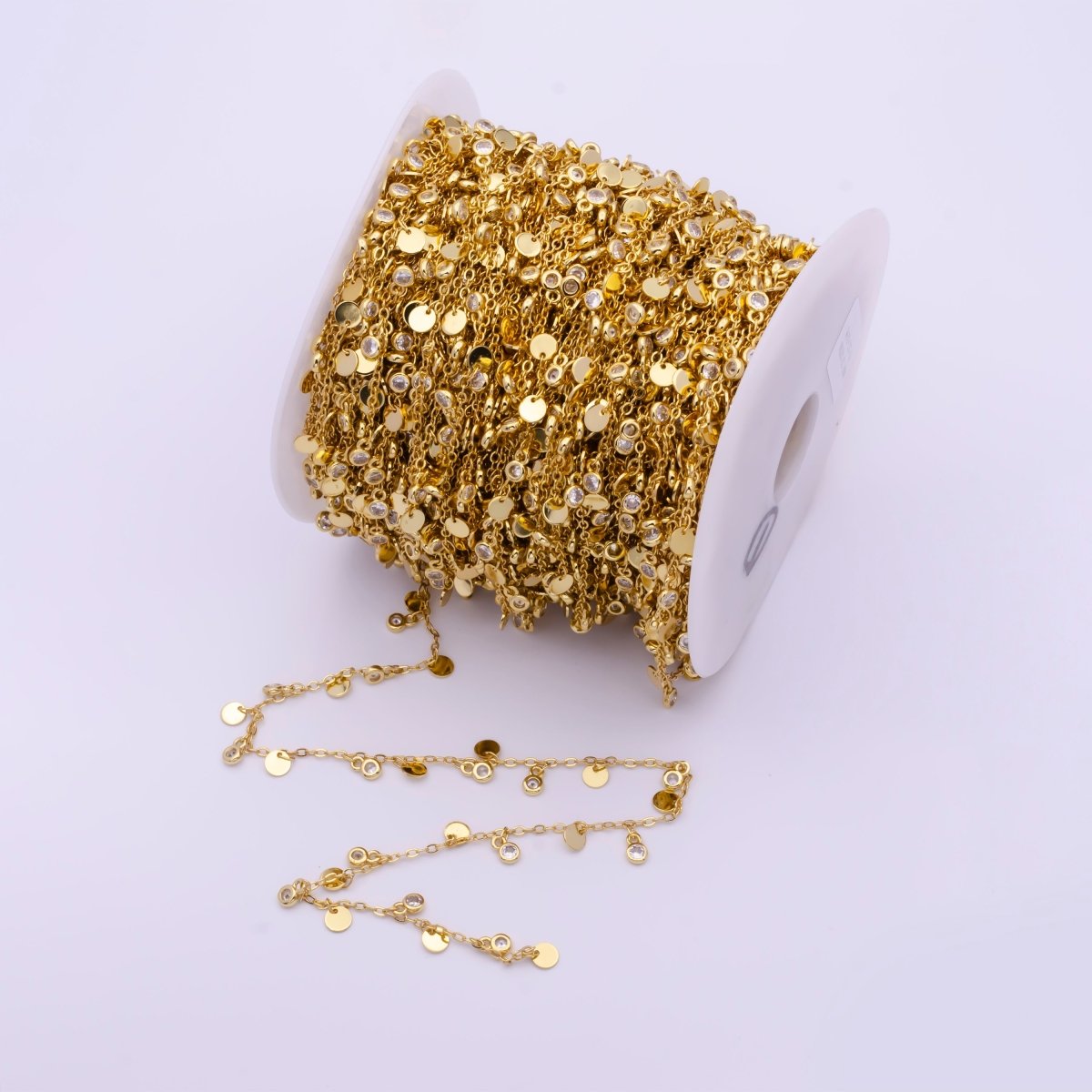Round Disc Chain, Gold and CZ Sequin Chain by Yard for Necklace, Anklet, Bracelet, belly dancer Waist Supply | ROLL-816 Clearance Pricing