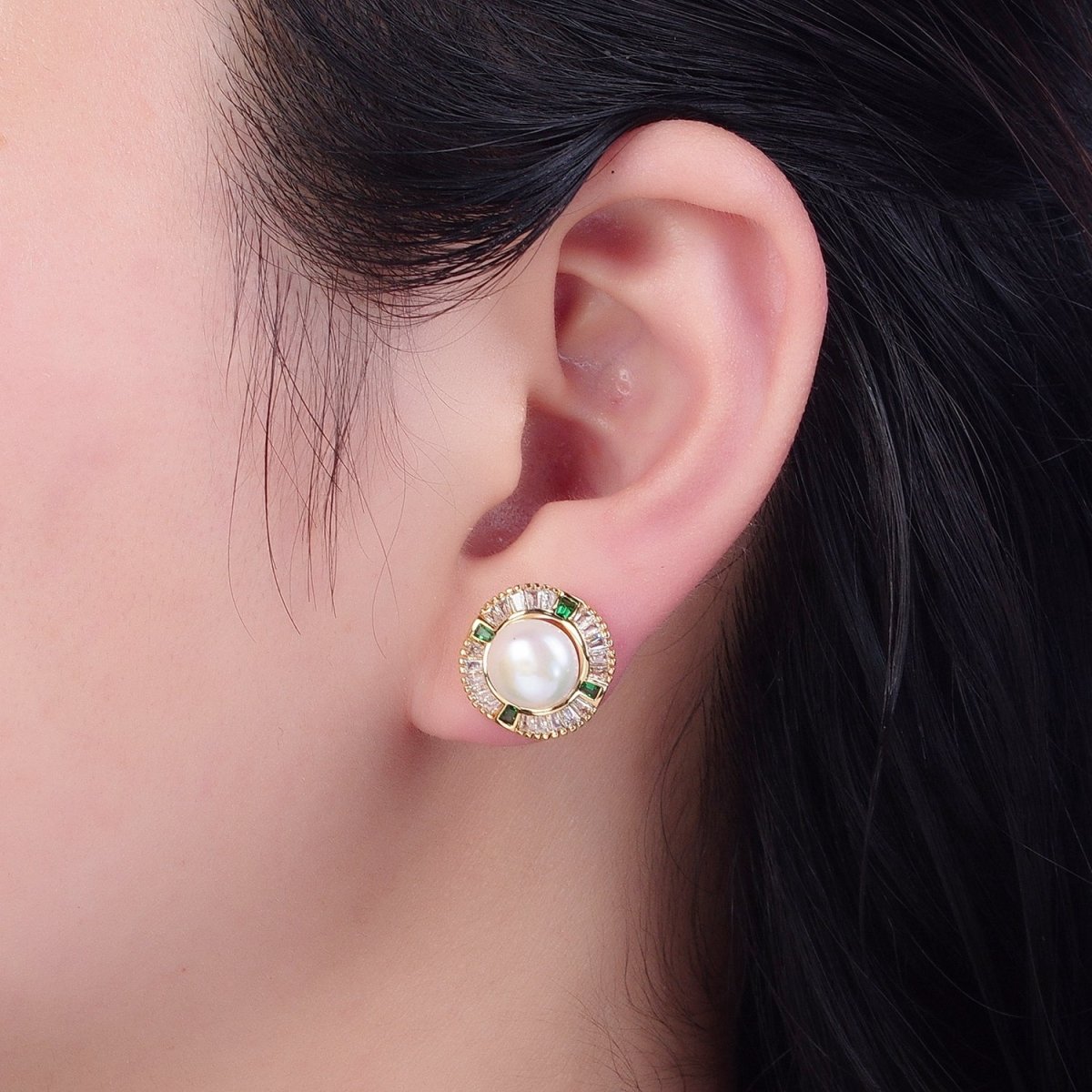 Round White Pearl Stud Earring with Gold Green Baguette Round Earring for Wedding Jewelry V-393