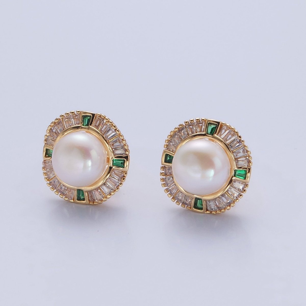 Round White Pearl Stud Earring with Gold Green Baguette Round Earring for Wedding Jewelry V-393