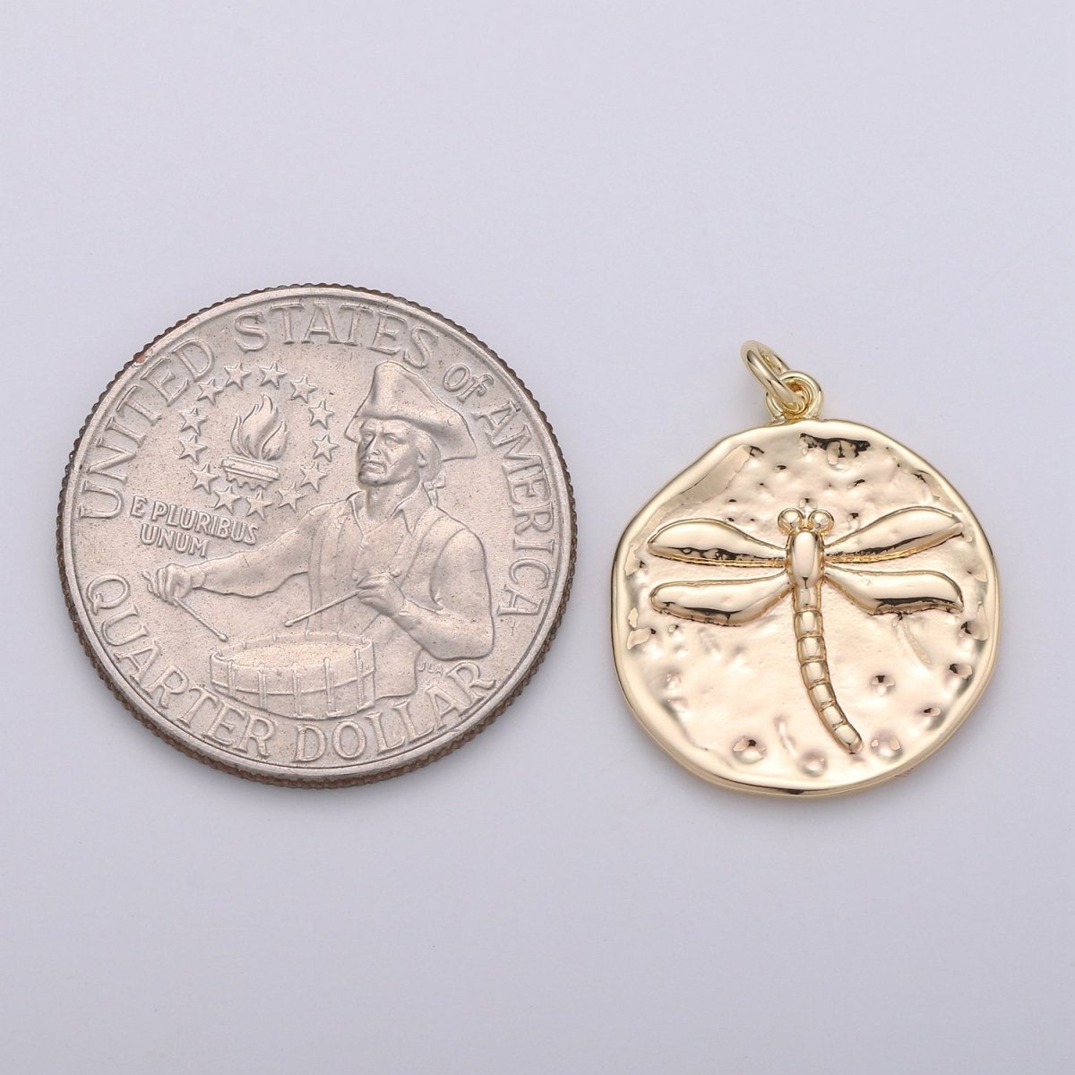 Rustic Coin Charm 14k Gold Filled coin pendant, Medallion charms Dragon Fly coin charms, Insect Disc Charm for Necklace Bracelet Earring D-389