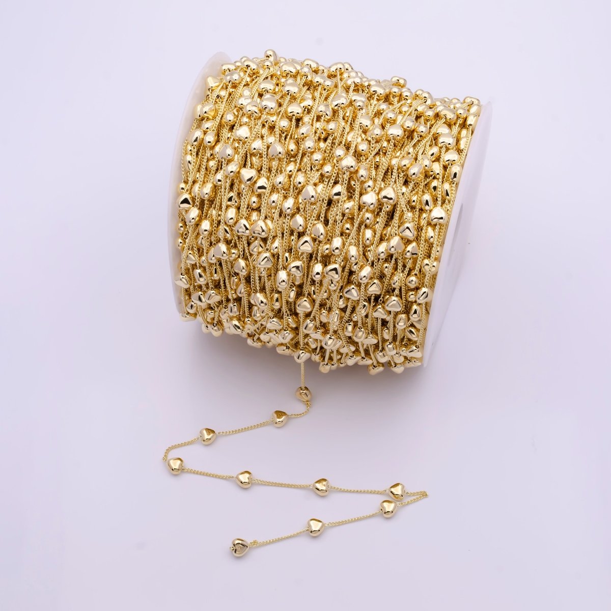Satellite Heart Bead Chain with Gold Curb Chain by Yard for Jewelry Making Supply | ROLL-827