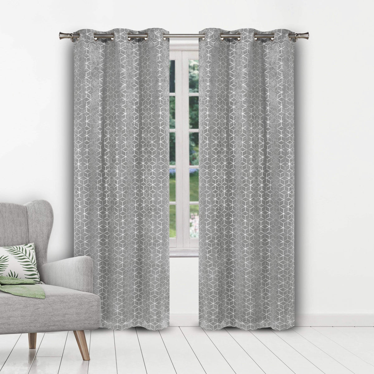 Set of 2: Geometric Print Blackout Grommet Curtain Pair Panel