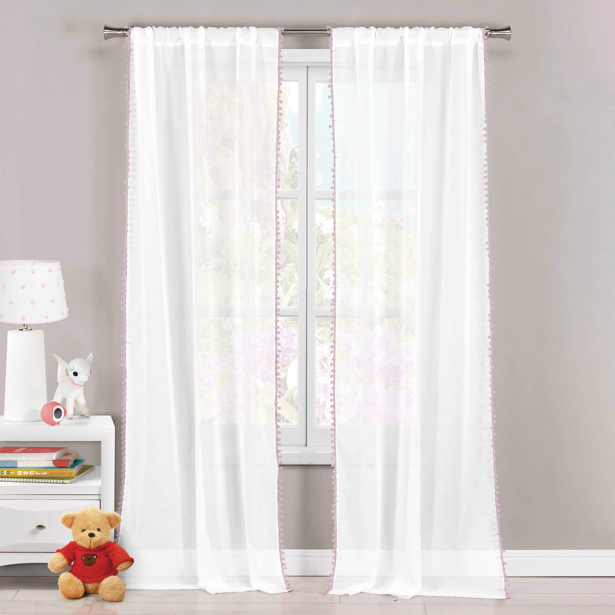 Set of 2: Pompom Semi-Sheer Window Curtain Pair Panel