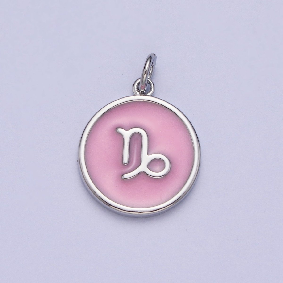 Silver Charm Enamel Pink Zodiac Sign Charms, Horoscope Symbol Birthday Disc pendant Astrology sign A-A1463-A-A1468
