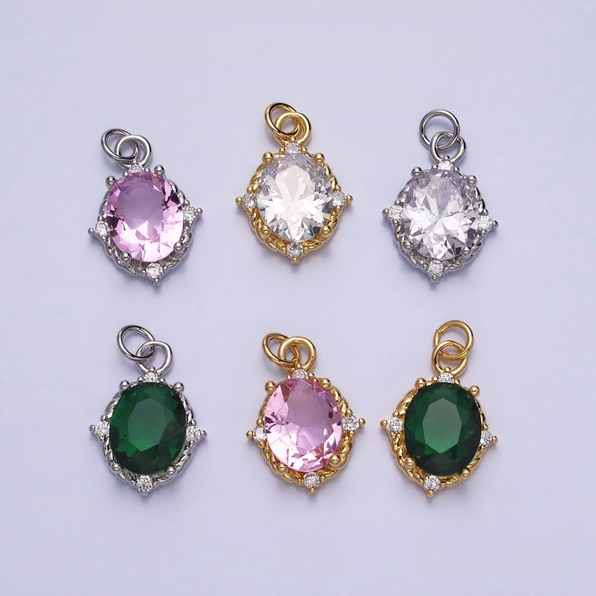 Silver Colorful Oval Brilliant Cut Cubic Zirconia Stones Clear, Pink Green Gold CZ Charm AC539 AC540 AC541 AC542 AC543 AC544