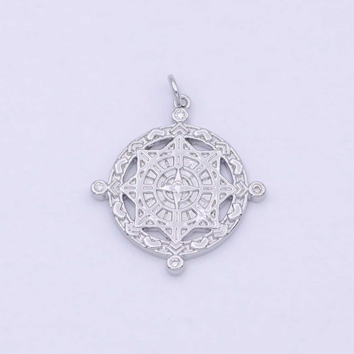 Silver  Compass Pendant, cubic zirconia cz diamonds medallion pendant for Necklace Jewelry Making W-182
