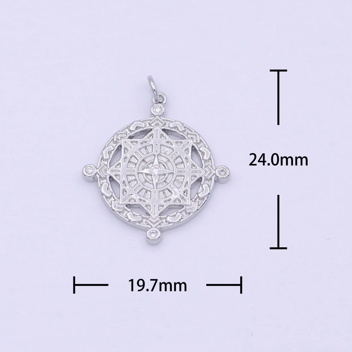 Silver  Compass Pendant, cubic zirconia cz diamonds medallion pendant for Necklace Jewelry Making W-182