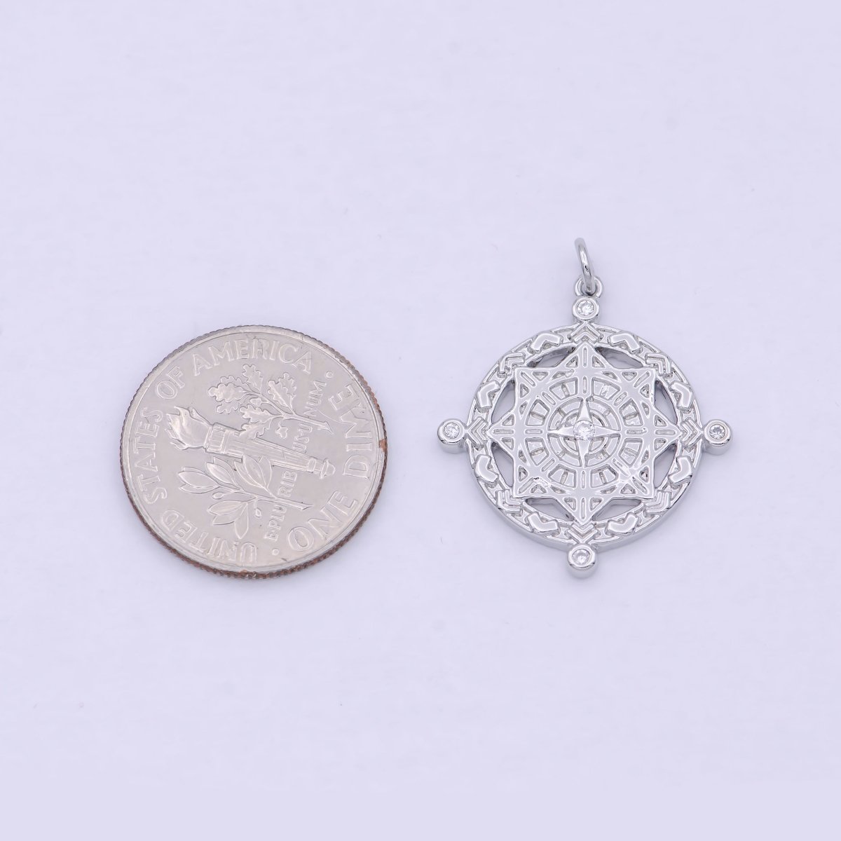 Silver  Compass Pendant, cubic zirconia cz diamonds medallion pendant for Necklace Jewelry Making W-182