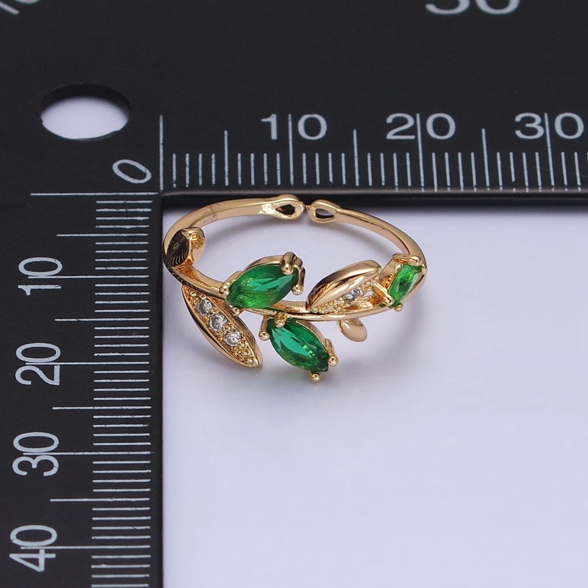 Silver, Gold Nature Leaf Green Marquise Micro Paved CZ Adjustable Ring | O-1894 O-1895
