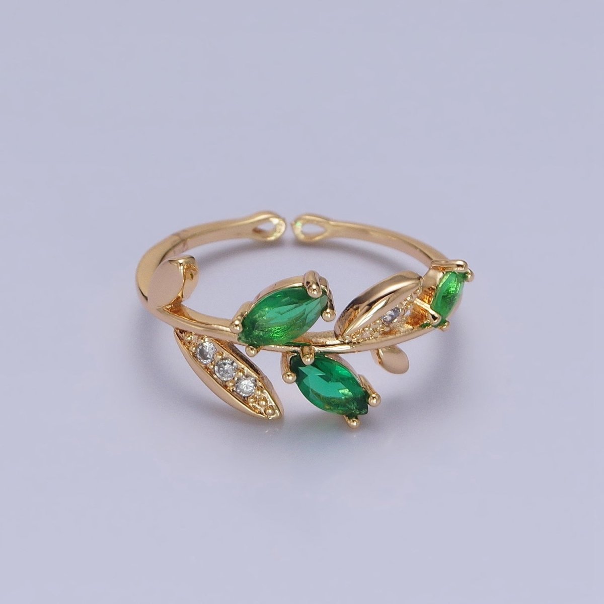 Silver, Gold Nature Leaf Green Marquise Micro Paved CZ Adjustable Ring | O-1894 O-1895