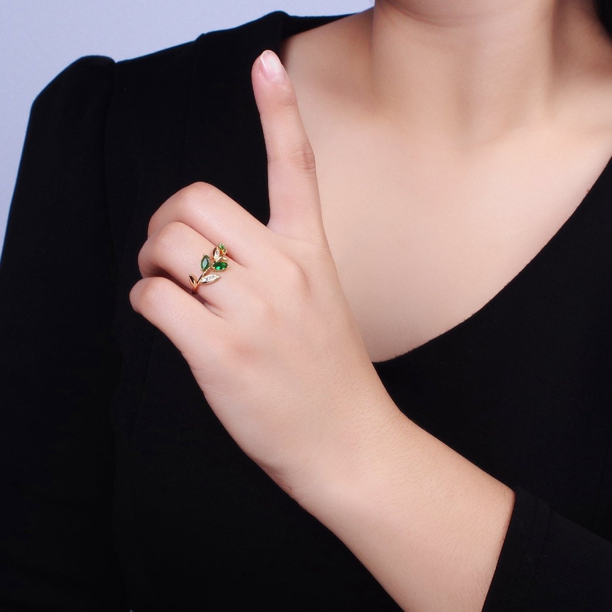 Silver, Gold Nature Leaf Green Marquise Micro Paved CZ Adjustable Ring | O-1894 O-1895