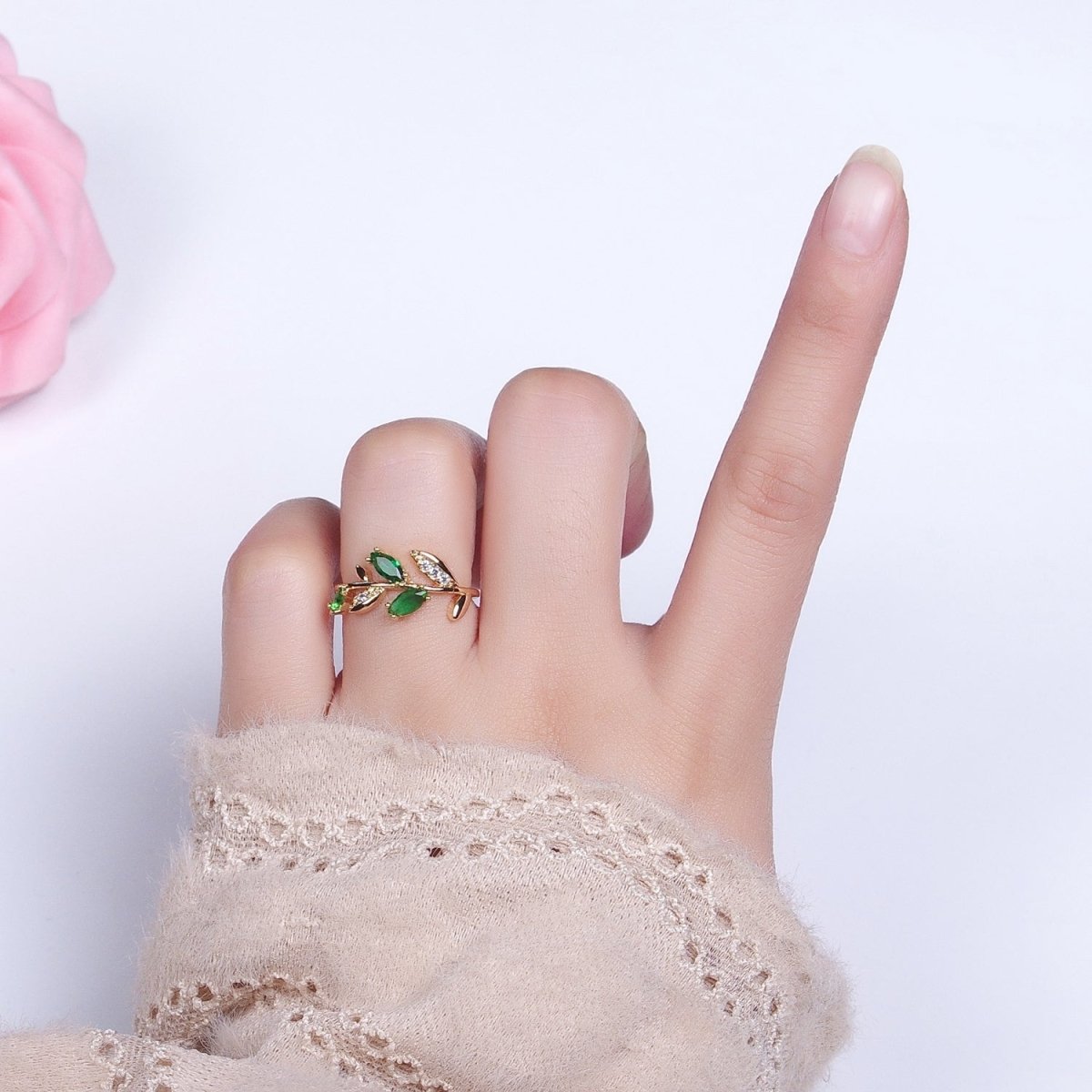 Silver, Gold Nature Leaf Green Marquise Micro Paved CZ Adjustable Ring | O-1894 O-1895
