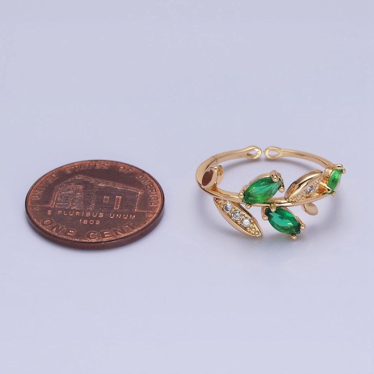 Silver, Gold Nature Leaf Green Marquise Micro Paved CZ Adjustable Ring | O-1894 O-1895