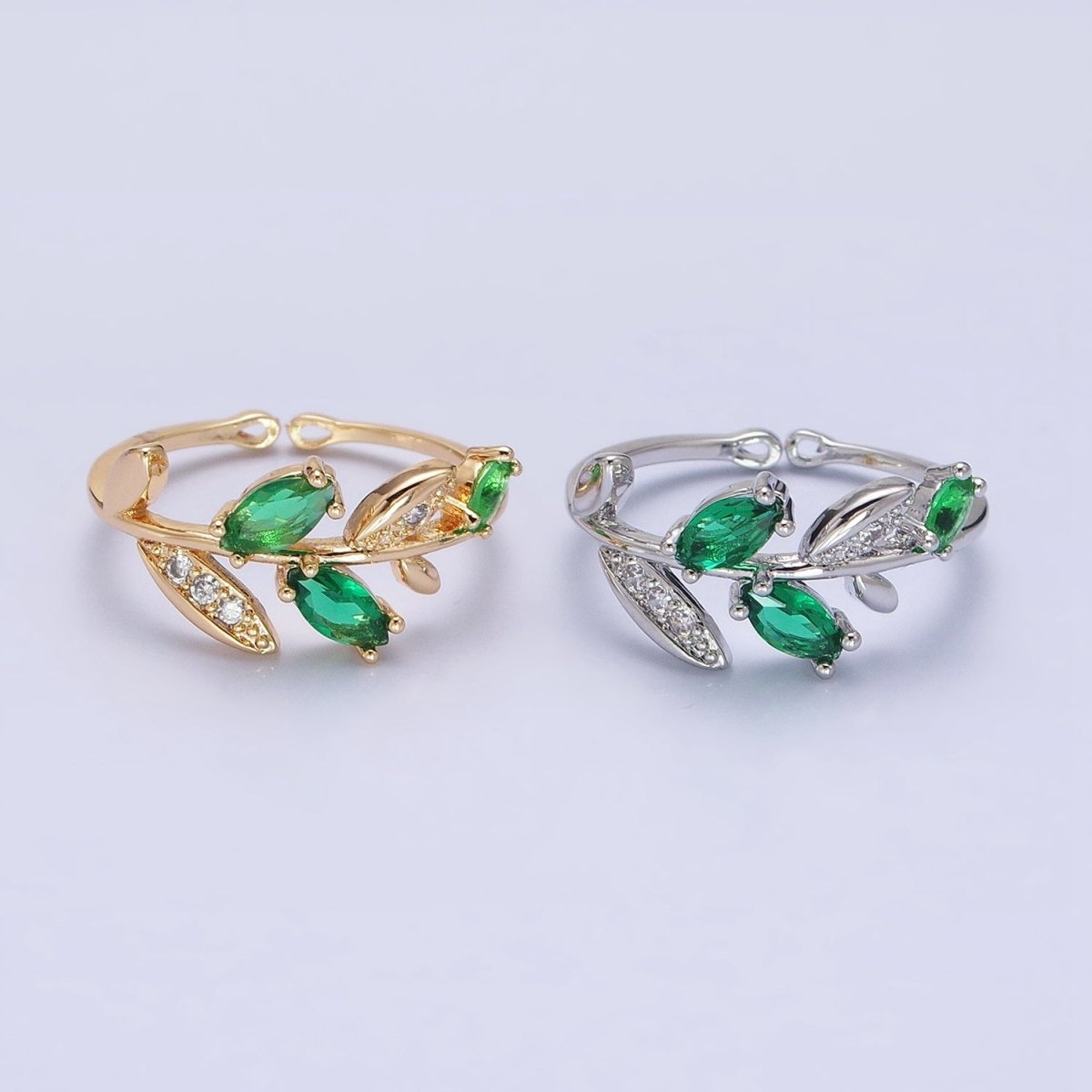 Silver, Gold Nature Leaf Green Marquise Micro Paved CZ Adjustable Ring | O-1894 O-1895