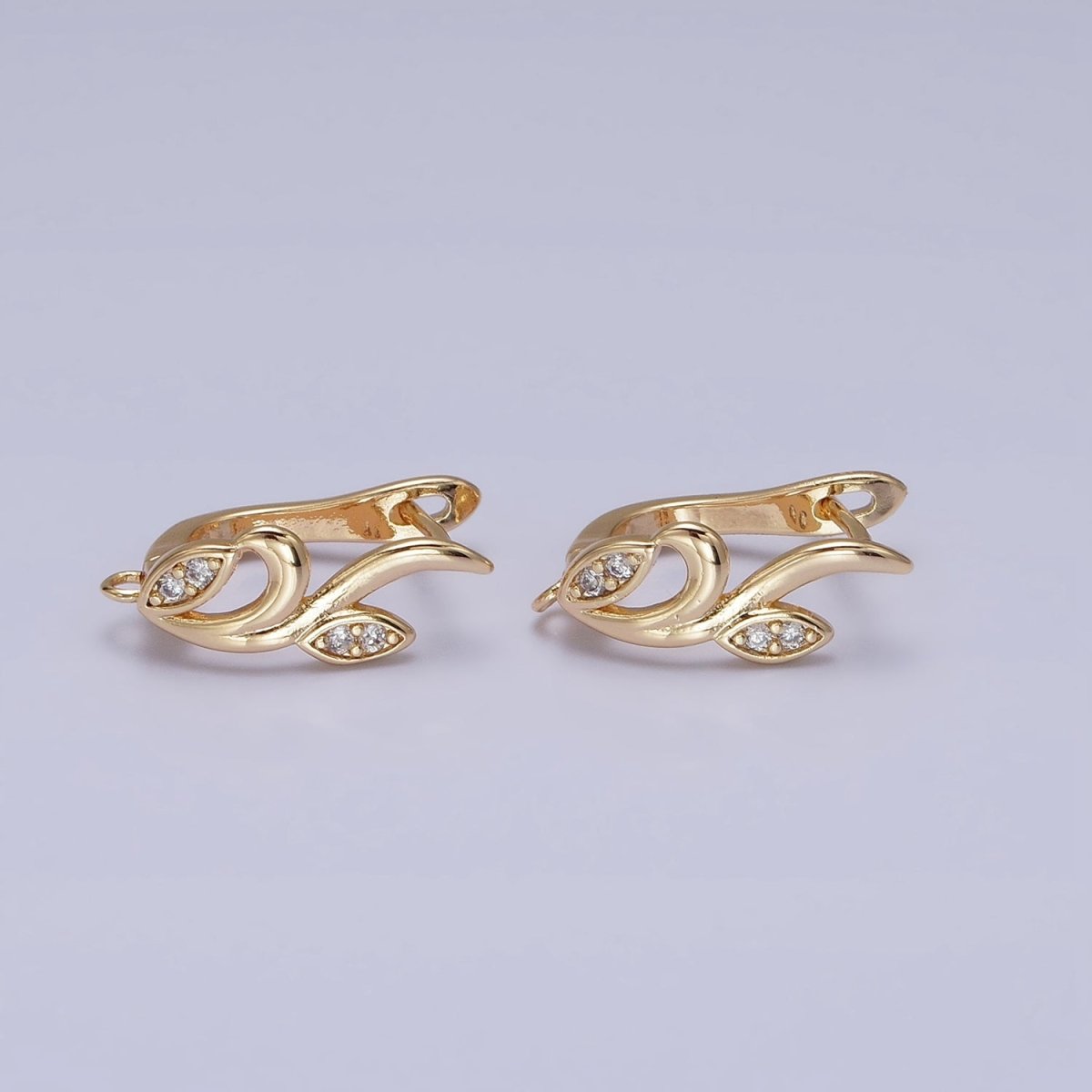 Silver, Gold Nature Vine Leaf Plant Micro Paved CZ Open Loop English Lock Earring Supply | Z-205 Z-217