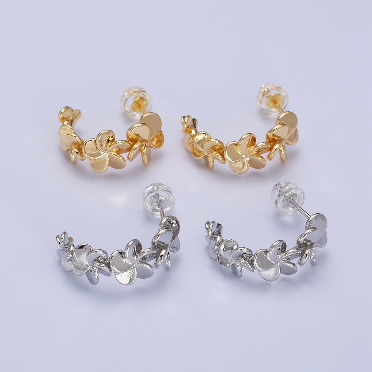 Silver, Gold Spiral Nature Flower Petal C-Shaped Hoop Earrings | AB447 AB455