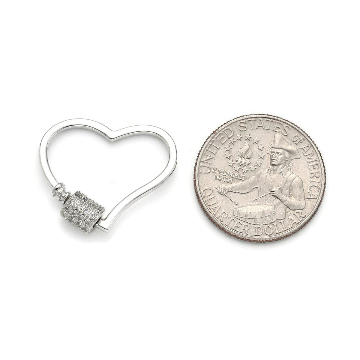 Silver Heart Carabiner, Circle Screw Clasp with Pave Cubic Zirconia Rhinestones K-129