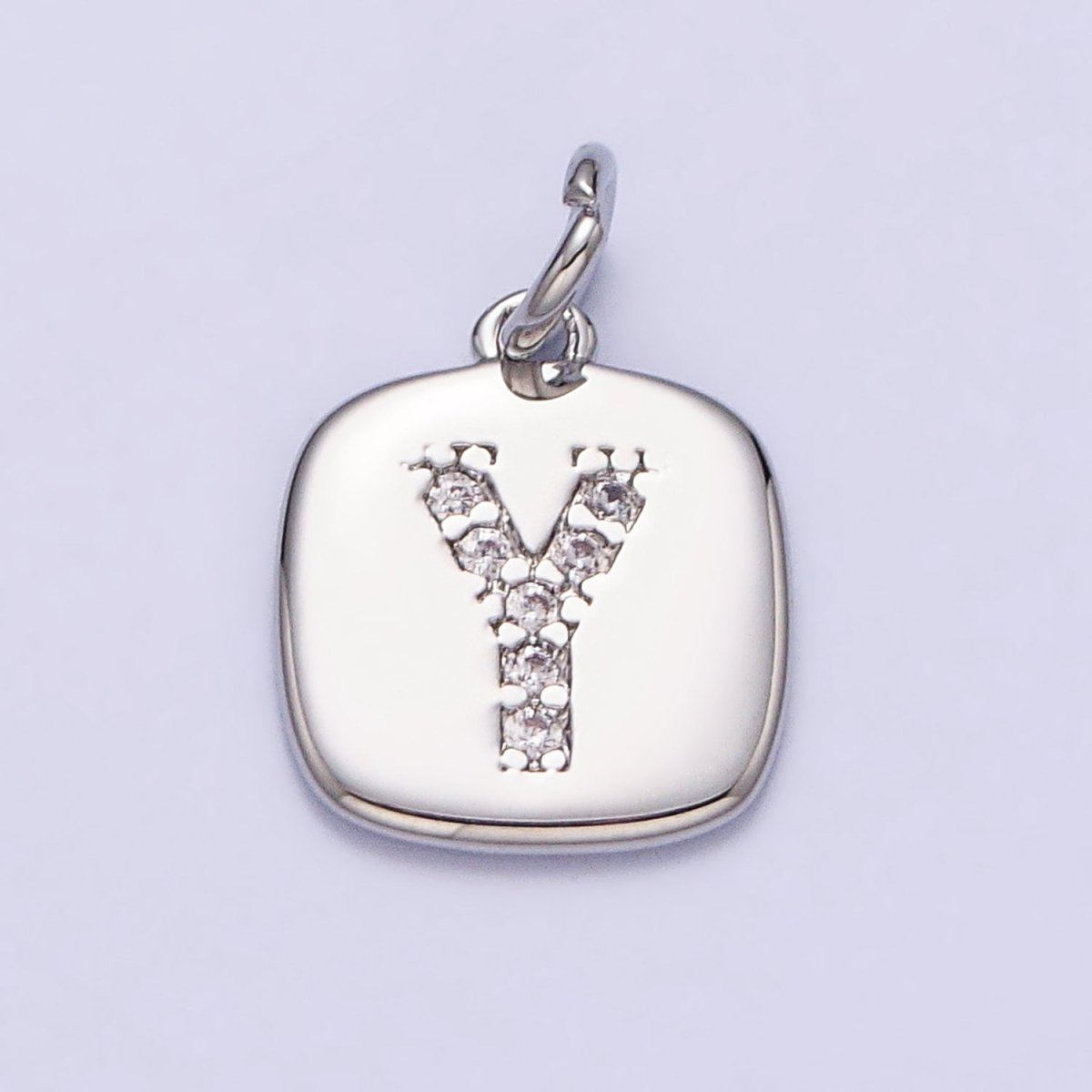 Silver Tag Square CZ Clear Micro Paved Initial Alphabet Dainty Personalized Name Tag Charm | A-266-A-278