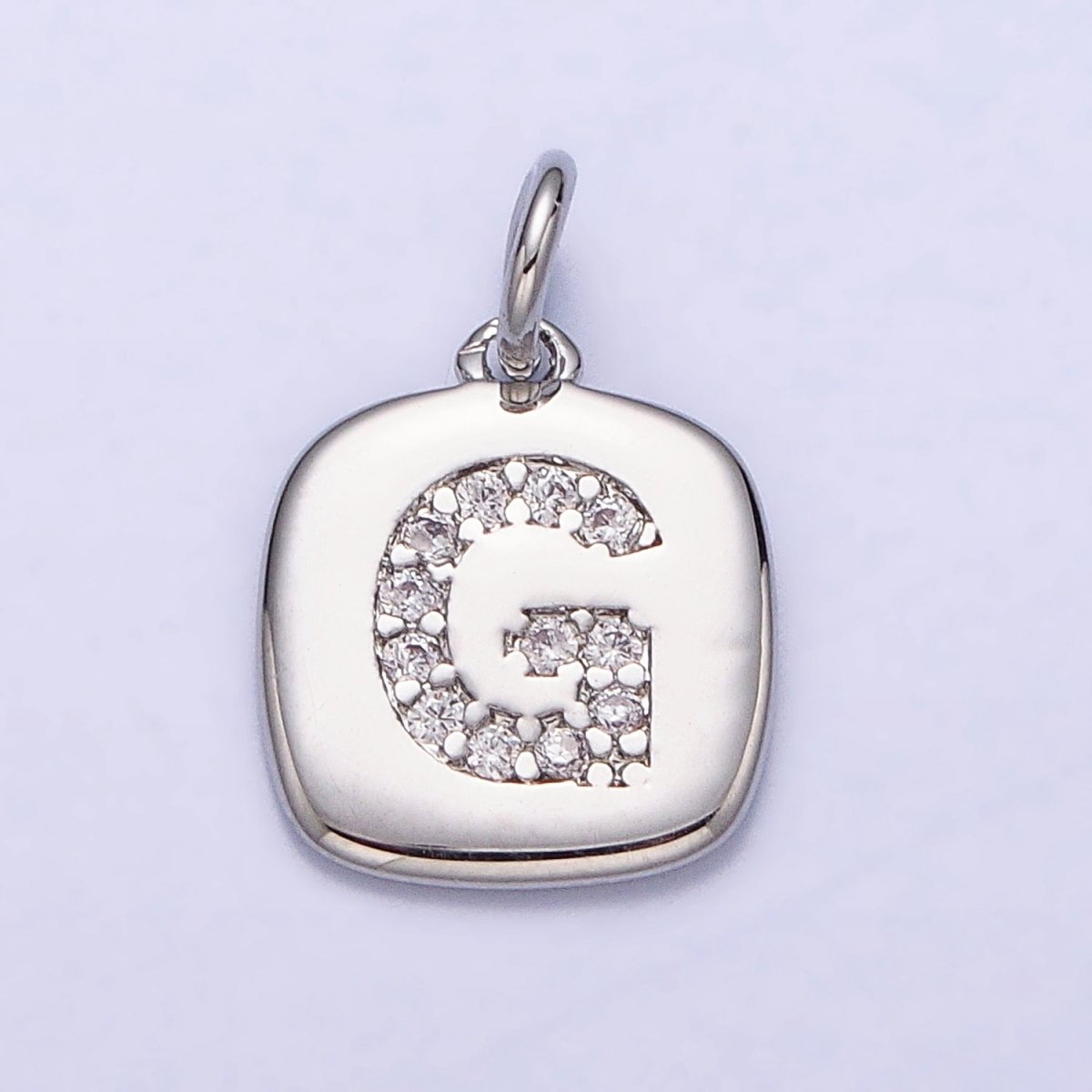 Silver Tag Square CZ Clear Micro Paved Initial Alphabet Dainty Personalized Name Tag Charm | A-266-A-278