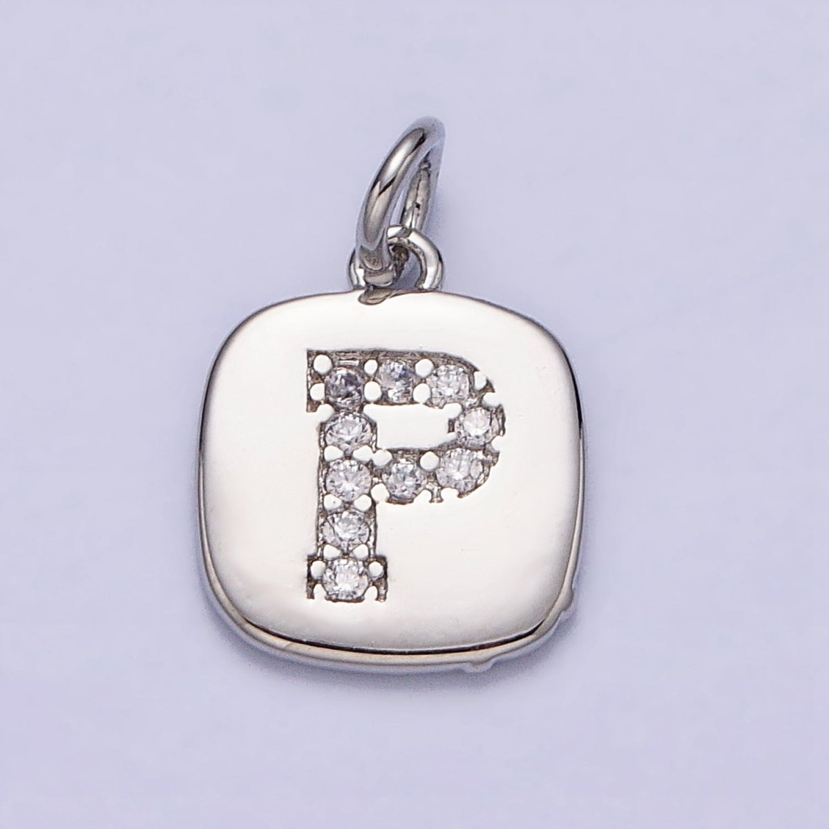 Silver Tag Square CZ Clear Micro Paved Initial Alphabet Dainty Personalized Name Tag Charm | A-266-A-278