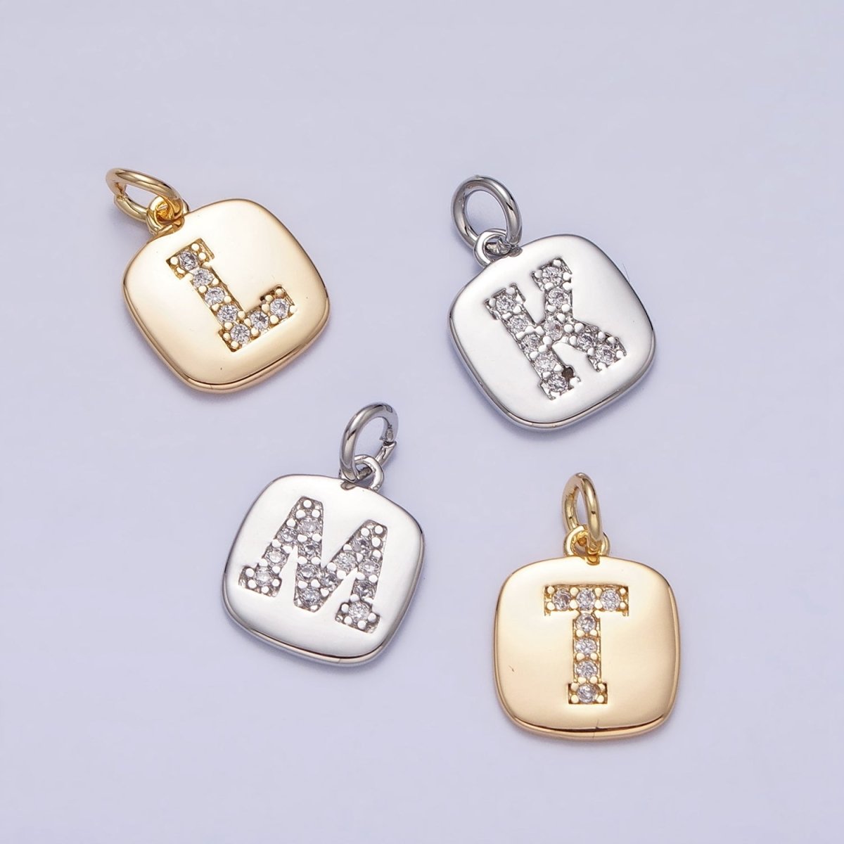 Silver Tag Square CZ Clear Micro Paved Initial Alphabet Dainty Personalized Name Tag Charm | A-266-A-278