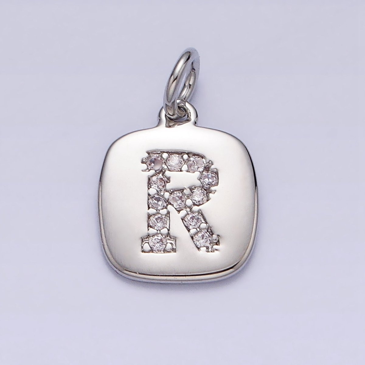 Silver Tag Square CZ Clear Micro Paved Initial Alphabet Dainty Personalized Name Tag Charm | A-266-A-278