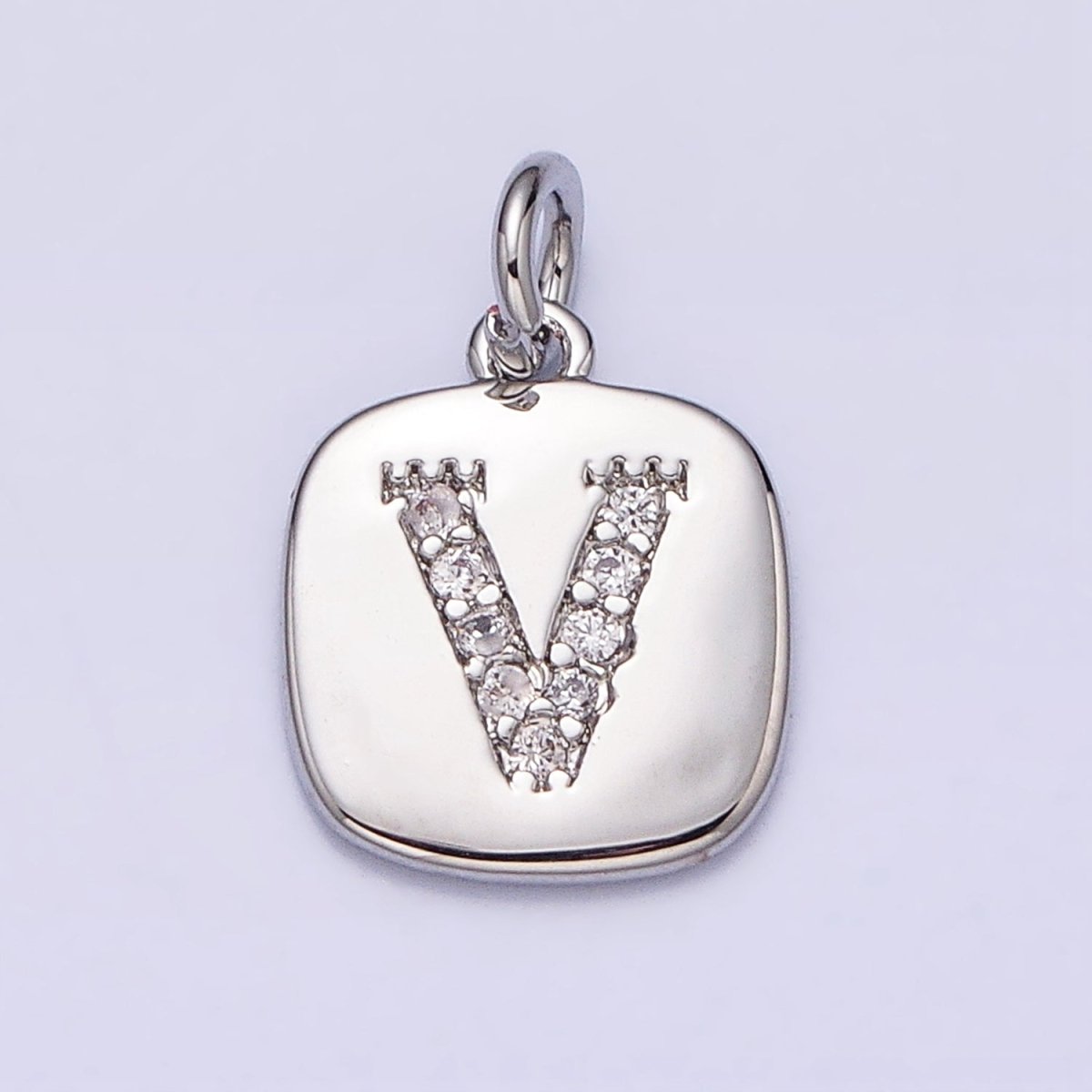Silver Tag Square CZ Clear Micro Paved Initial Alphabet Dainty Personalized Name Tag Charm | A-266-A-278