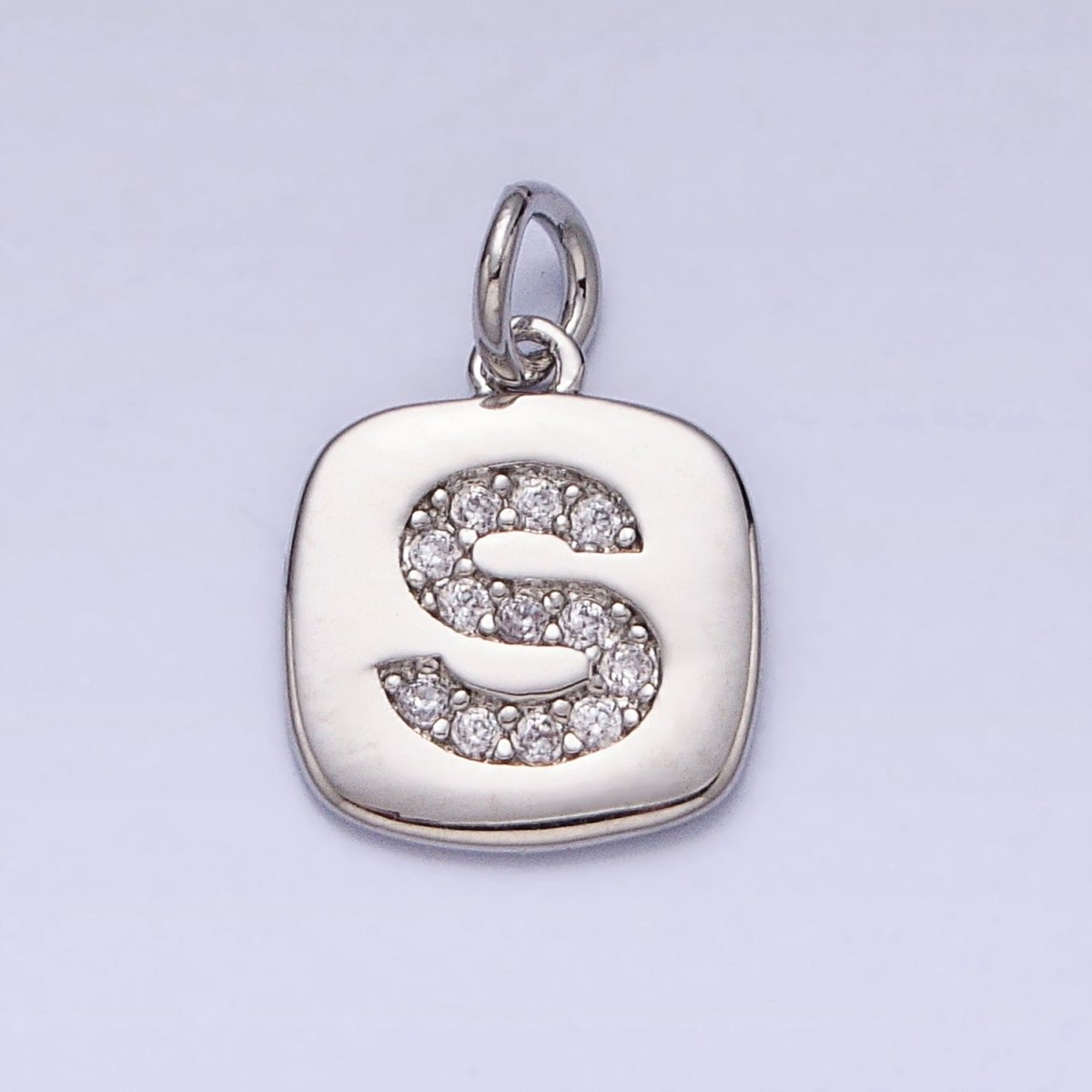 Silver Tag Square CZ Clear Micro Paved Initial Alphabet Dainty Personalized Name Tag Charm | A-266-A-278