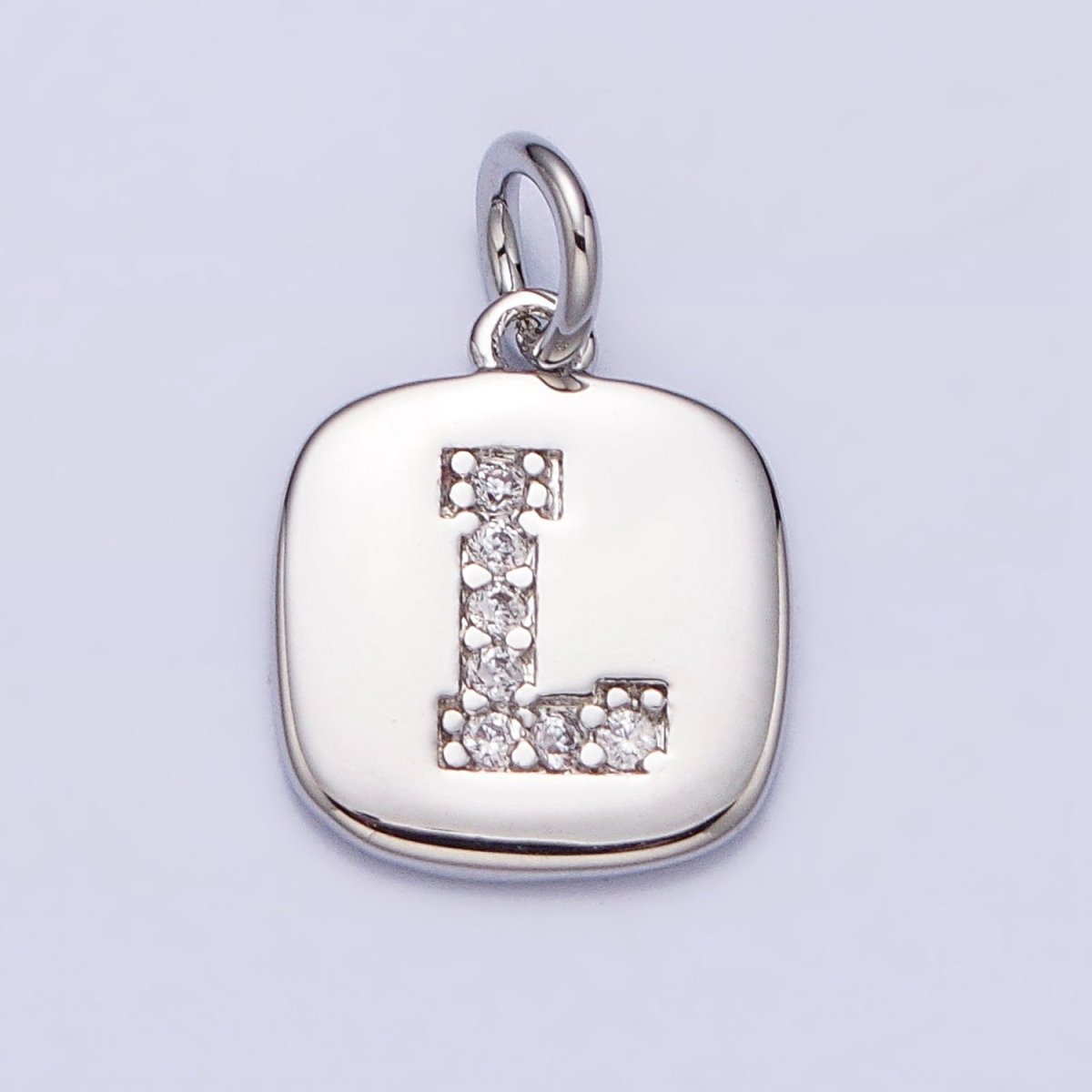 Silver Tag Square CZ Clear Micro Paved Initial Alphabet Dainty Personalized Name Tag Charm | A-266-A-278