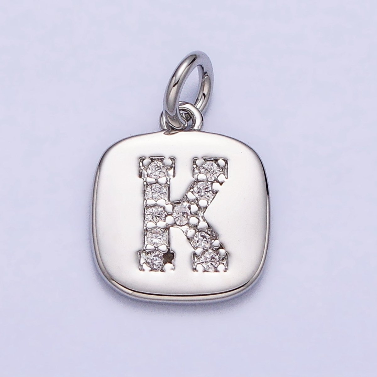 Silver Tag Square CZ Clear Micro Paved Initial Alphabet Dainty Personalized Name Tag Charm | A-266-A-278