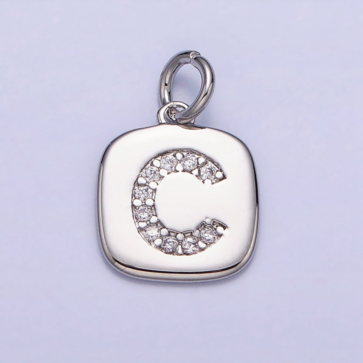 Silver Tag Square CZ Clear Micro Paved Initial Alphabet Dainty Personalized Name Tag Charm | A-266-A-278