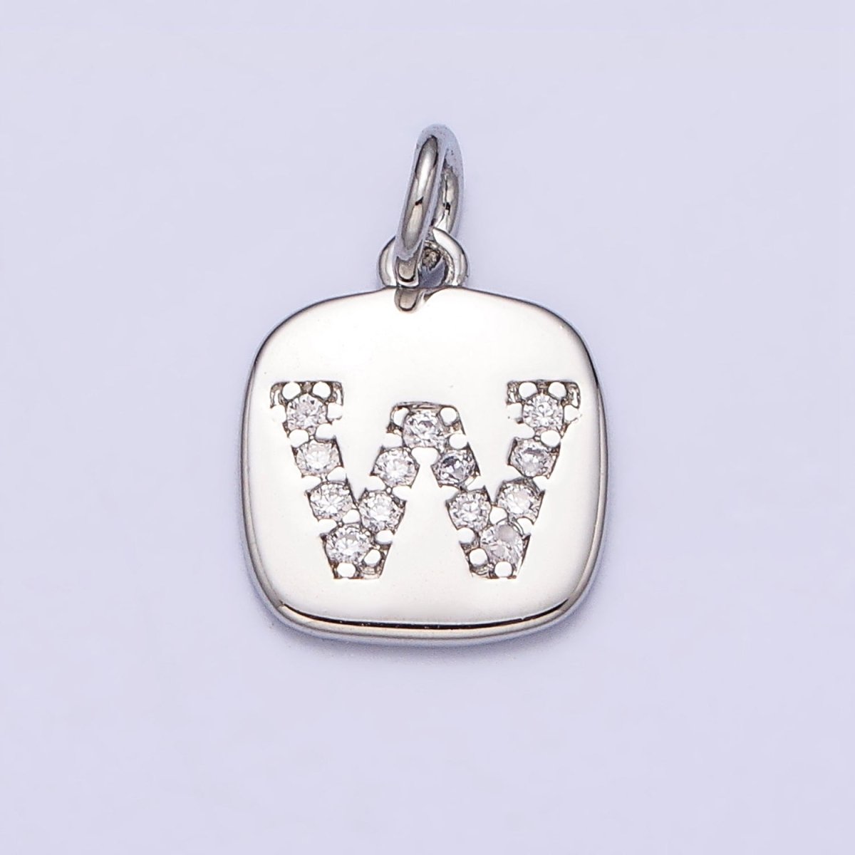 Silver Tag Square CZ Clear Micro Paved Initial Alphabet Dainty Personalized Name Tag Charm | A-266-A-278