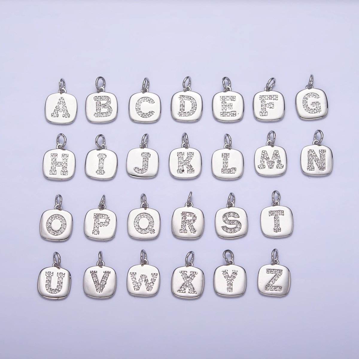 Silver Tag Square CZ Clear Micro Paved Initial Alphabet Dainty Personalized Name Tag Charm | A-266-A-278