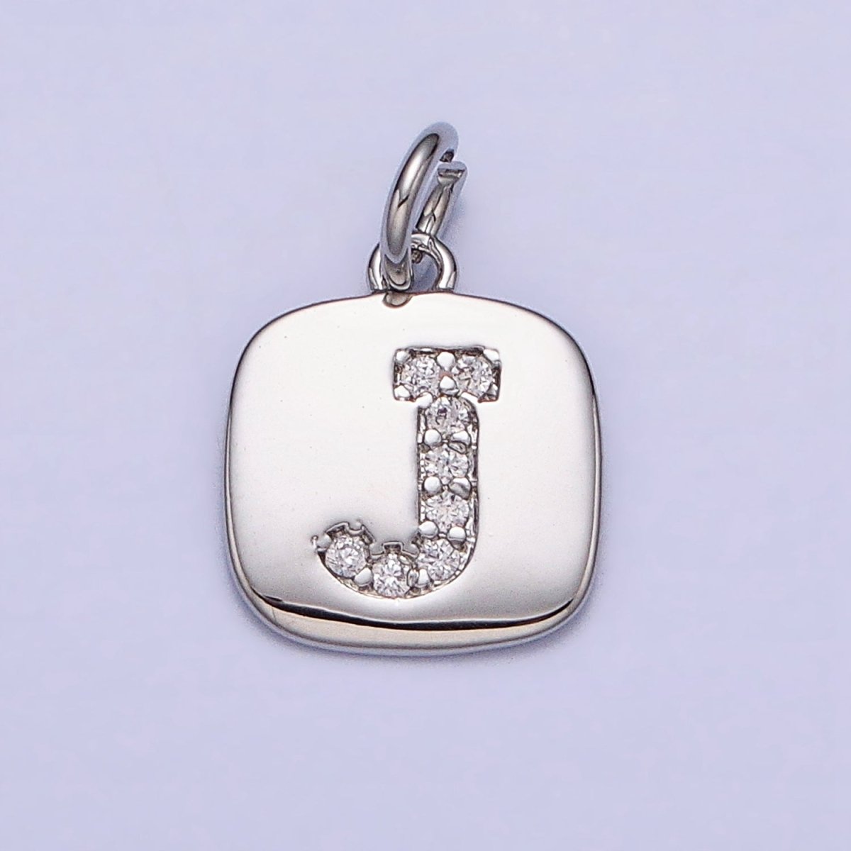 Silver Tag Square CZ Clear Micro Paved Initial Alphabet Dainty Personalized Name Tag Charm | A-266-A-278